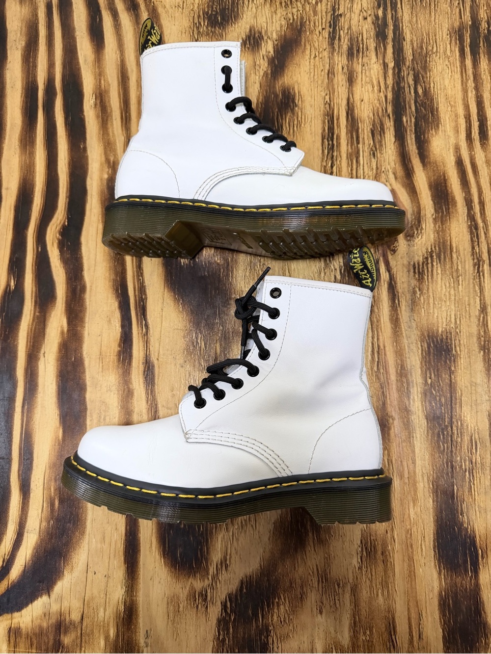 Dr. Martens White Leather Lace-Up Combat Boots with Black Laces